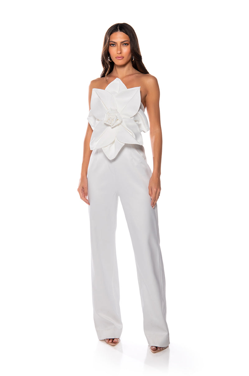 Front View Cherry Blossom Strapless Statement Jumpsuit In White