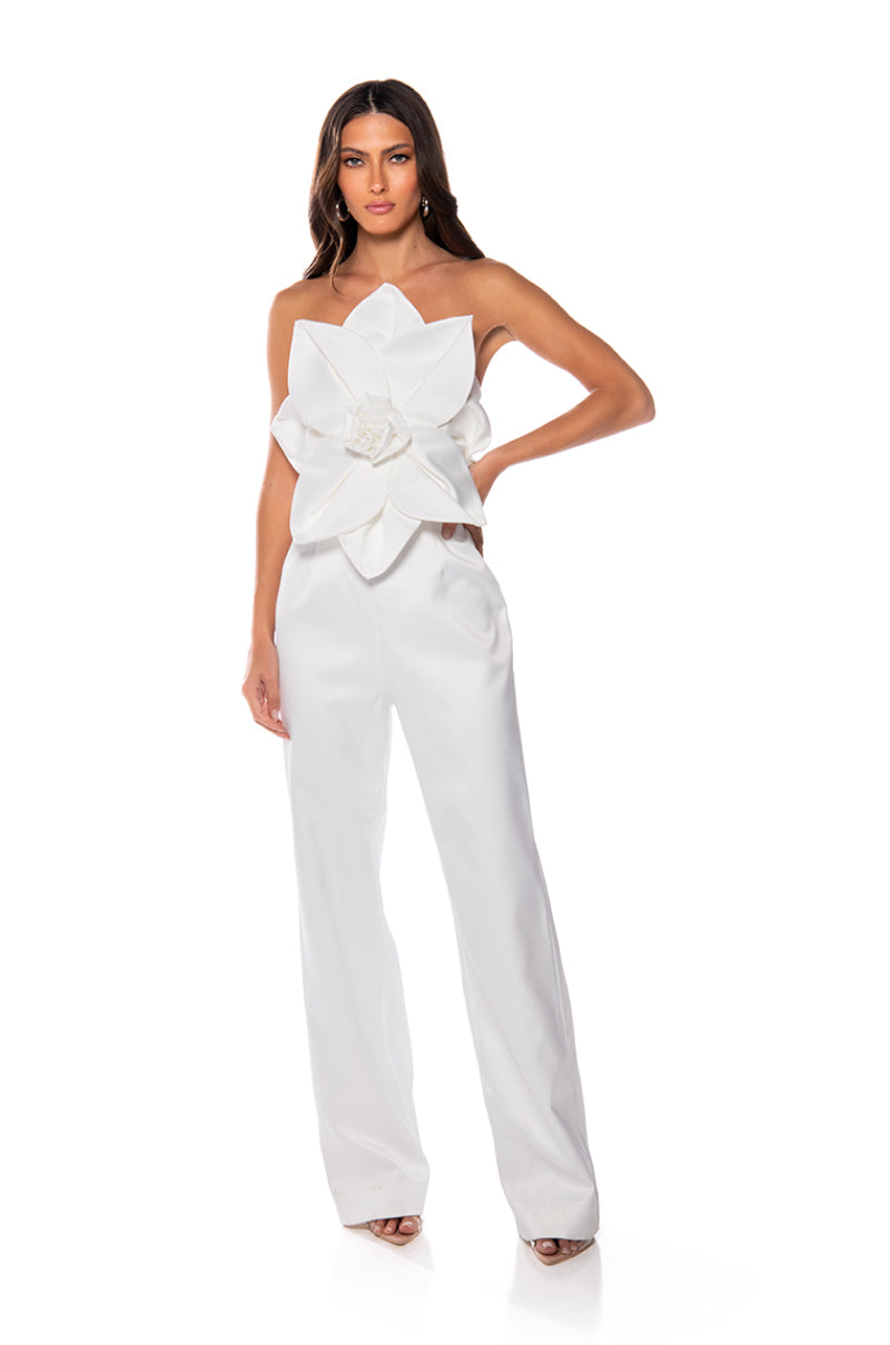 Side View Cherry Blossom Strapless Statement Jumpsuit In White