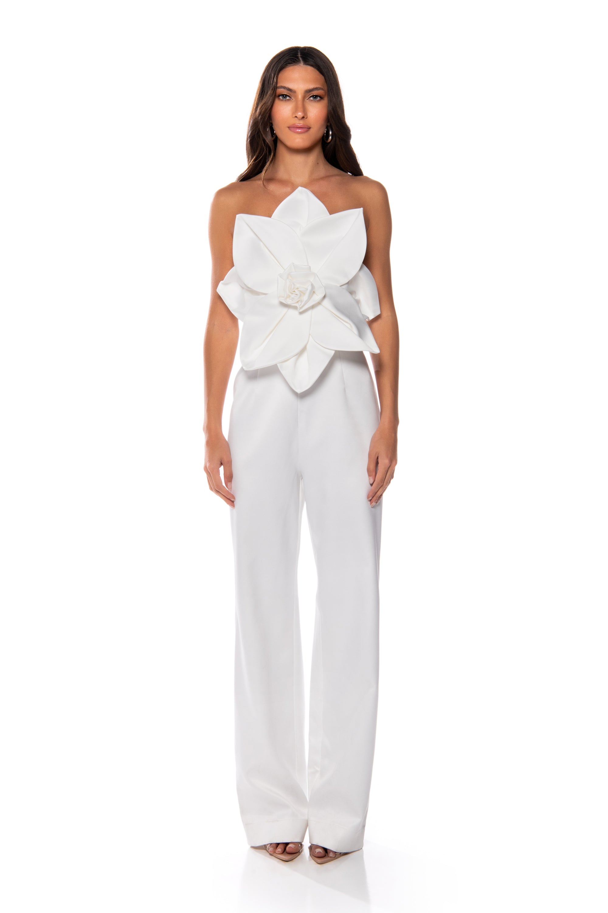 Extra View Cherry Blossom Strapless Statement Jumpsuit In White
