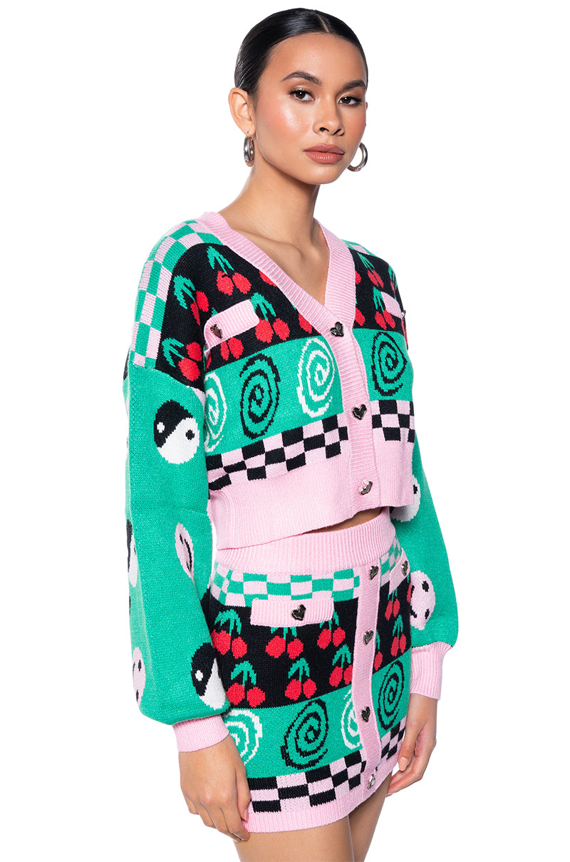 Side View Cherry On Top Button Down Knit Cardigan