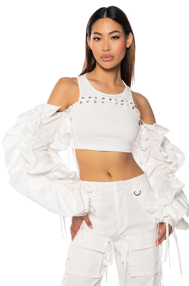 Front View Cherry On Top Voluminous Sleeve Crop Blouse