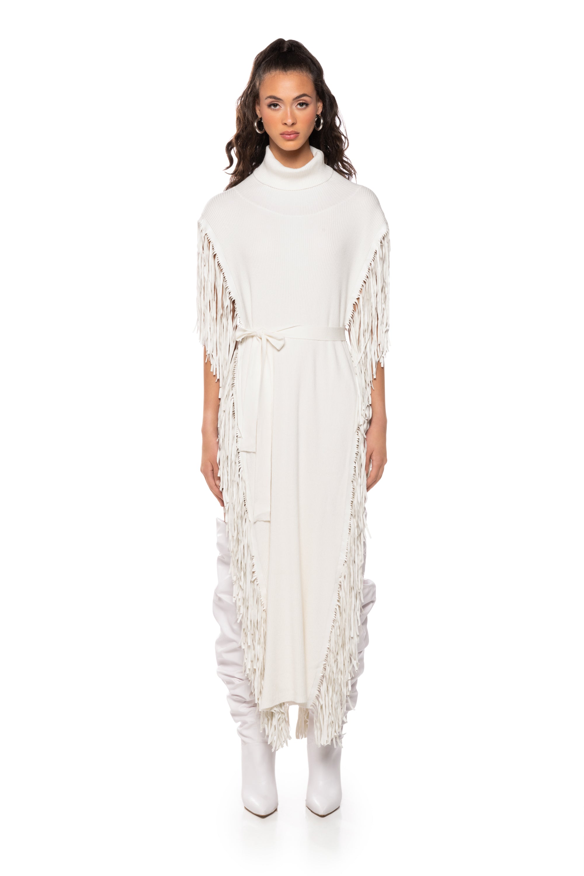 CHEYENNE FAUX LEATHER FRINGE BELTED SWEATER IN IVORY AKIRA CHEYENNE FAUX LEATHER FRINGE BELTED SWEATER IN IVORY AKIRA
