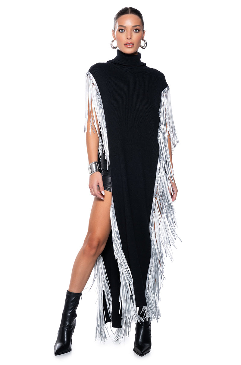 Front View Cheyenne Faux Leather Fringe Belted Turtleneck