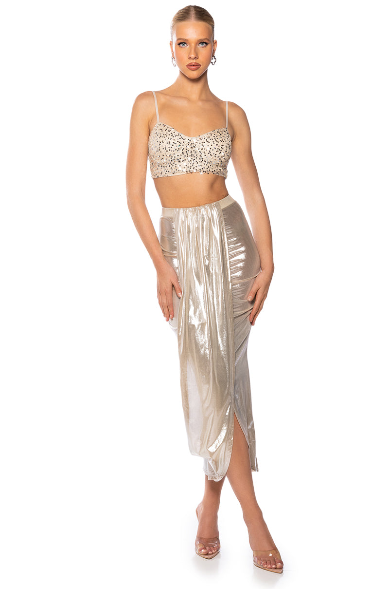 Side View Chiara Metallic Draped Midi Skirt