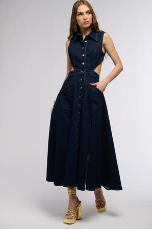 denim and gold dress IM GOLD DENIM COATED MIDI DRESS