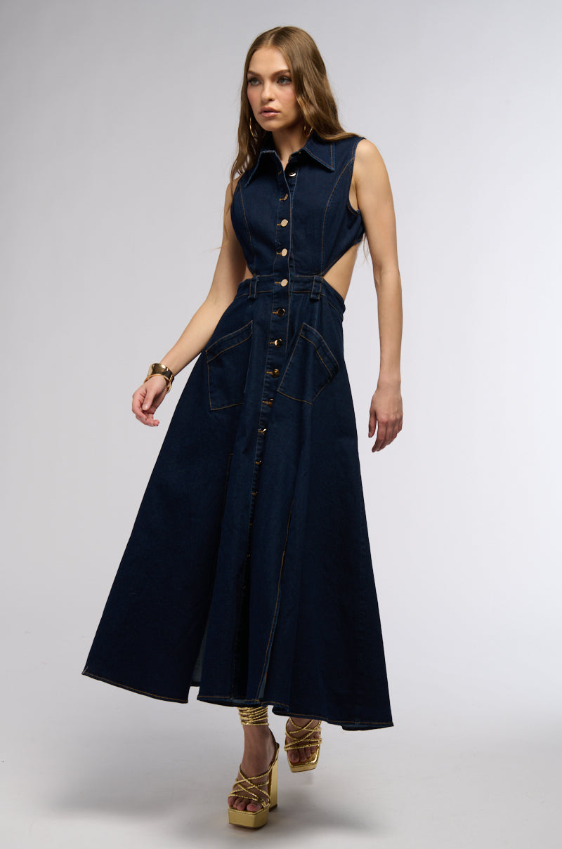 CHIC AF GOLD BUTTON DENIM MIDI DRESS AKIRA CHIC AF GOLD BUTTON DENIM MIDI DRESS AKIRA