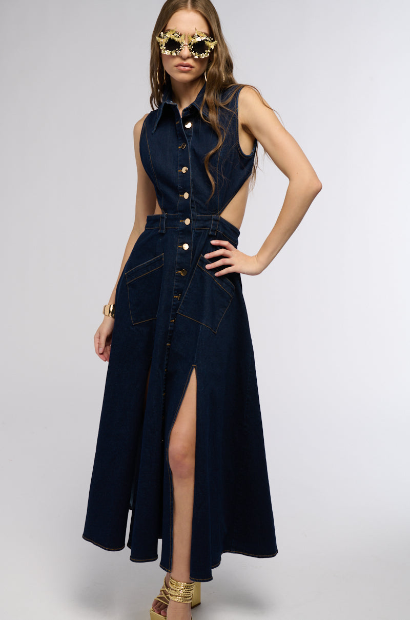 CHIC AF GOLD BUTTON DENIM MIDI DRESS AKIRA CHIC AF GOLD BUTTON DENIM MIDI DRESS AKIRA