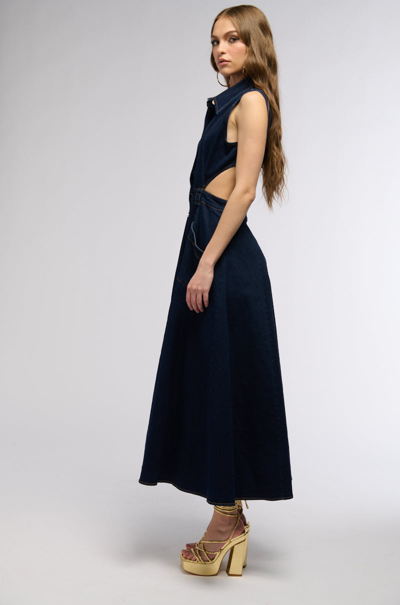 CHIC AF GOLD BUTTON DENIM MIDI DRESS AKIRA CHIC AF GOLD BUTTON DENIM MIDI DRESS AKIRA