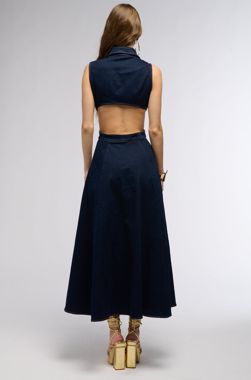 CHIC AF GOLD BUTTON DENIM MIDI DRESS AKIRA CHIC AF GOLD BUTTON DENIM MIDI DRESS AKIRA