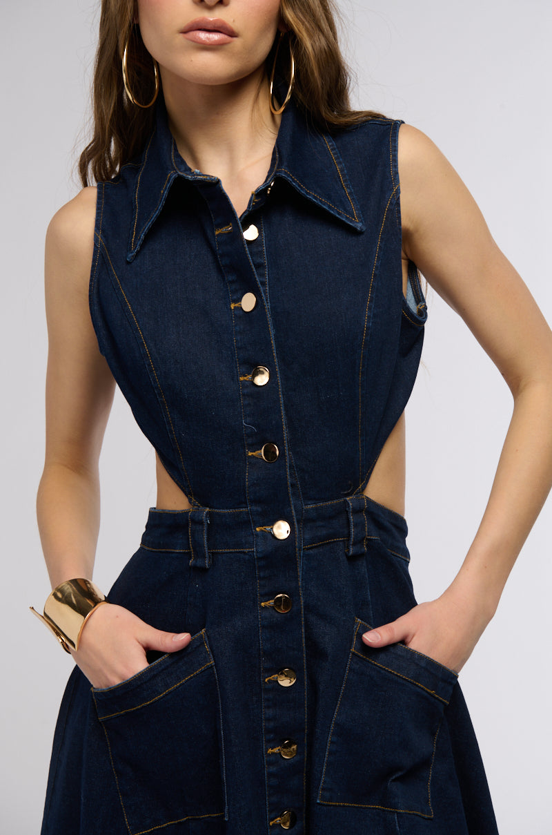 CHIC AF GOLD BUTTON DENIM MIDI DRESS AKIRA CHIC AF GOLD BUTTON DENIM MIDI DRESS AKIRA