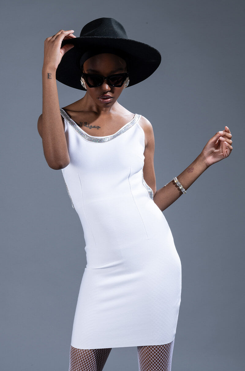 Front View Chic Chick Bandage Knit Low Back Rhinestone Detail Mini Dress