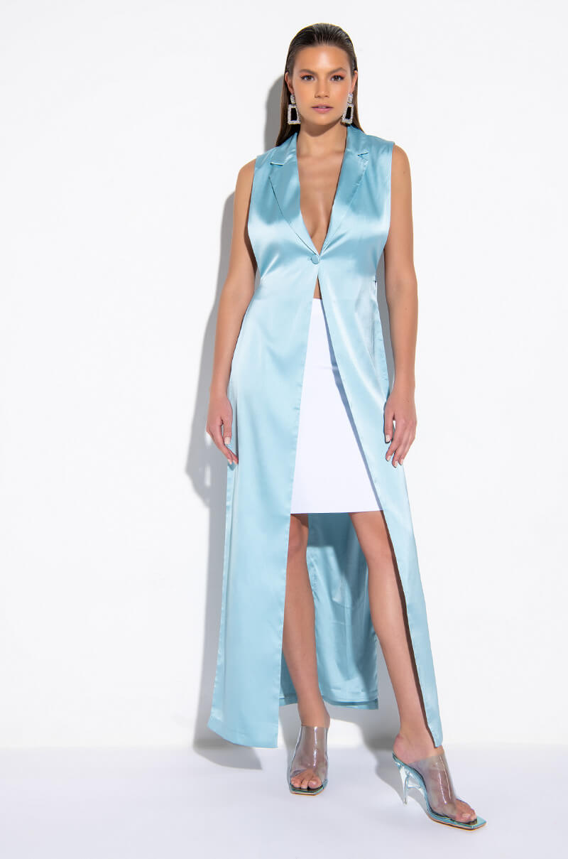 Front View Chic Life Satin Side Slit Duster Vest