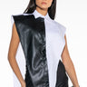 Front View Chic Of The Week Faux Leather Panel Button Down Sleeveless Blouse