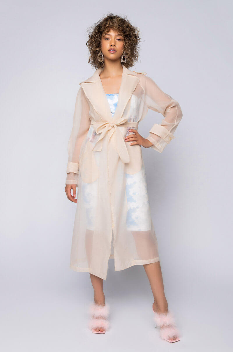 Front View Chiffon Chateau Mesh Trench in Beige