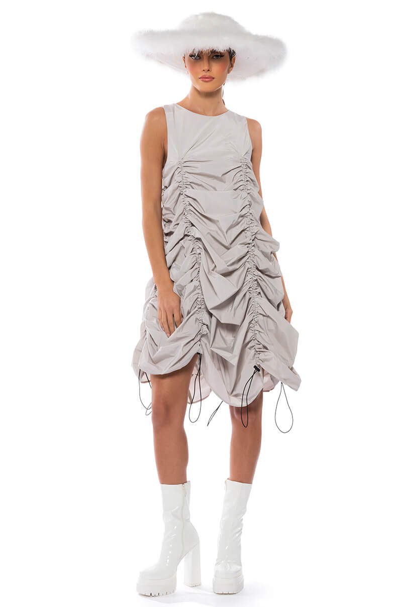 Front View Chloe Convertible Drawstring Dress In Gray