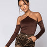 Front View Chocolate Halter Neck Chain Detail Long Sleeve Bodysuit in Brown