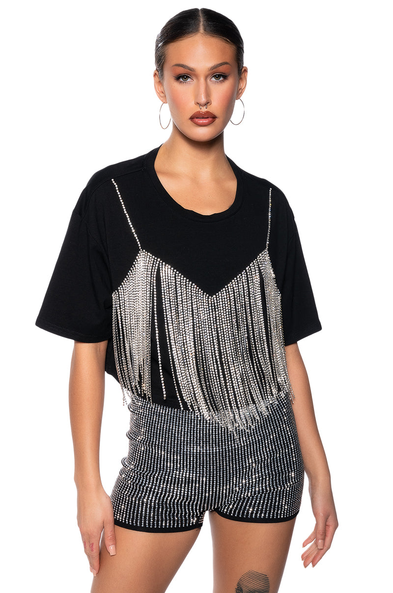 Front View Chrome Dancer Rhinestone Tshirt In Black