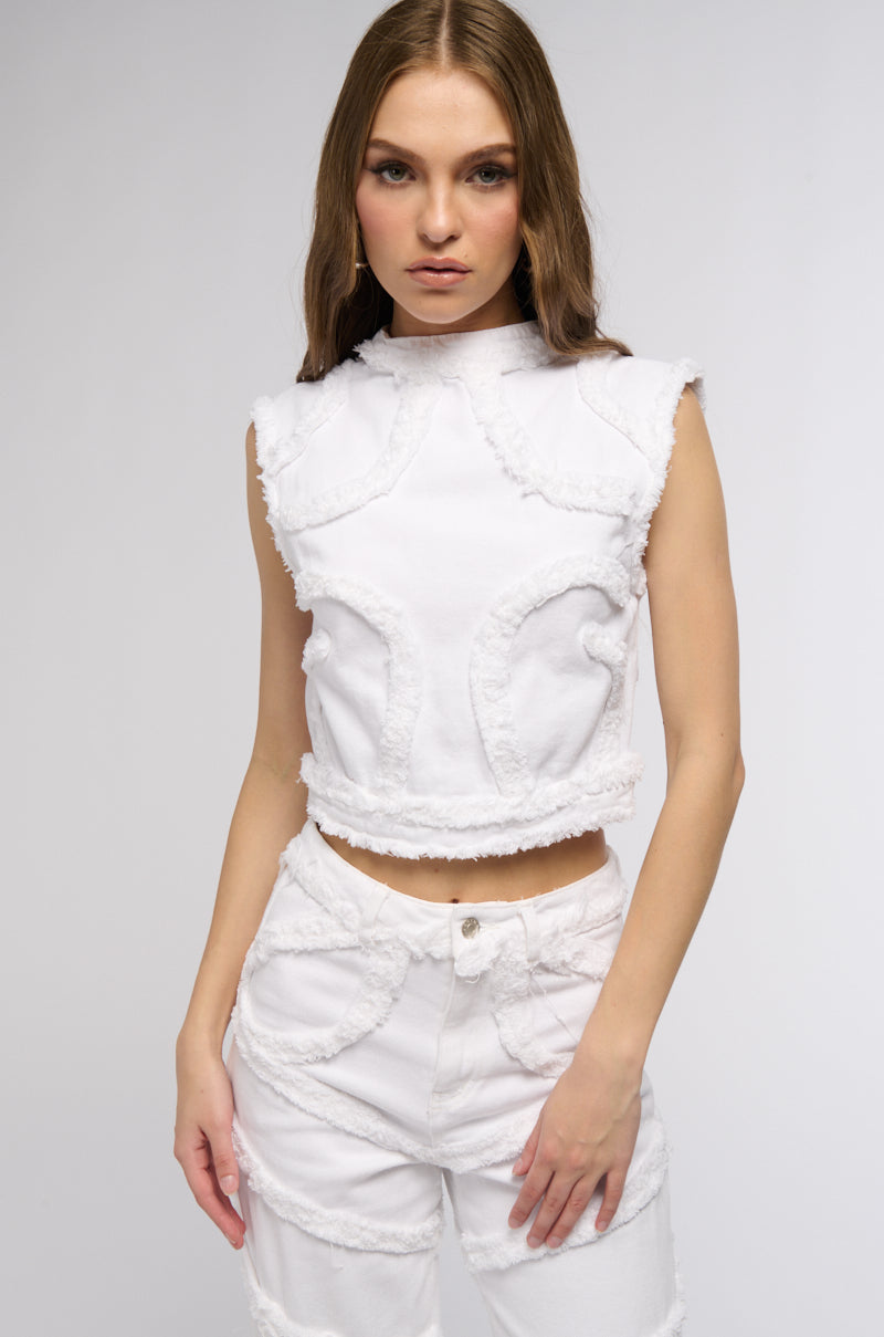 Side View Ciara Distressed Mock Neck Denim Tank