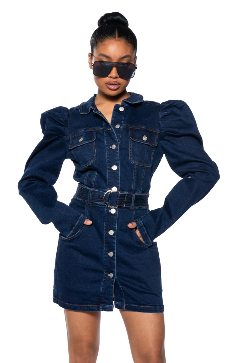 CINCH ME UP LONG SLEEVE DENIM MINI DRESS view 0