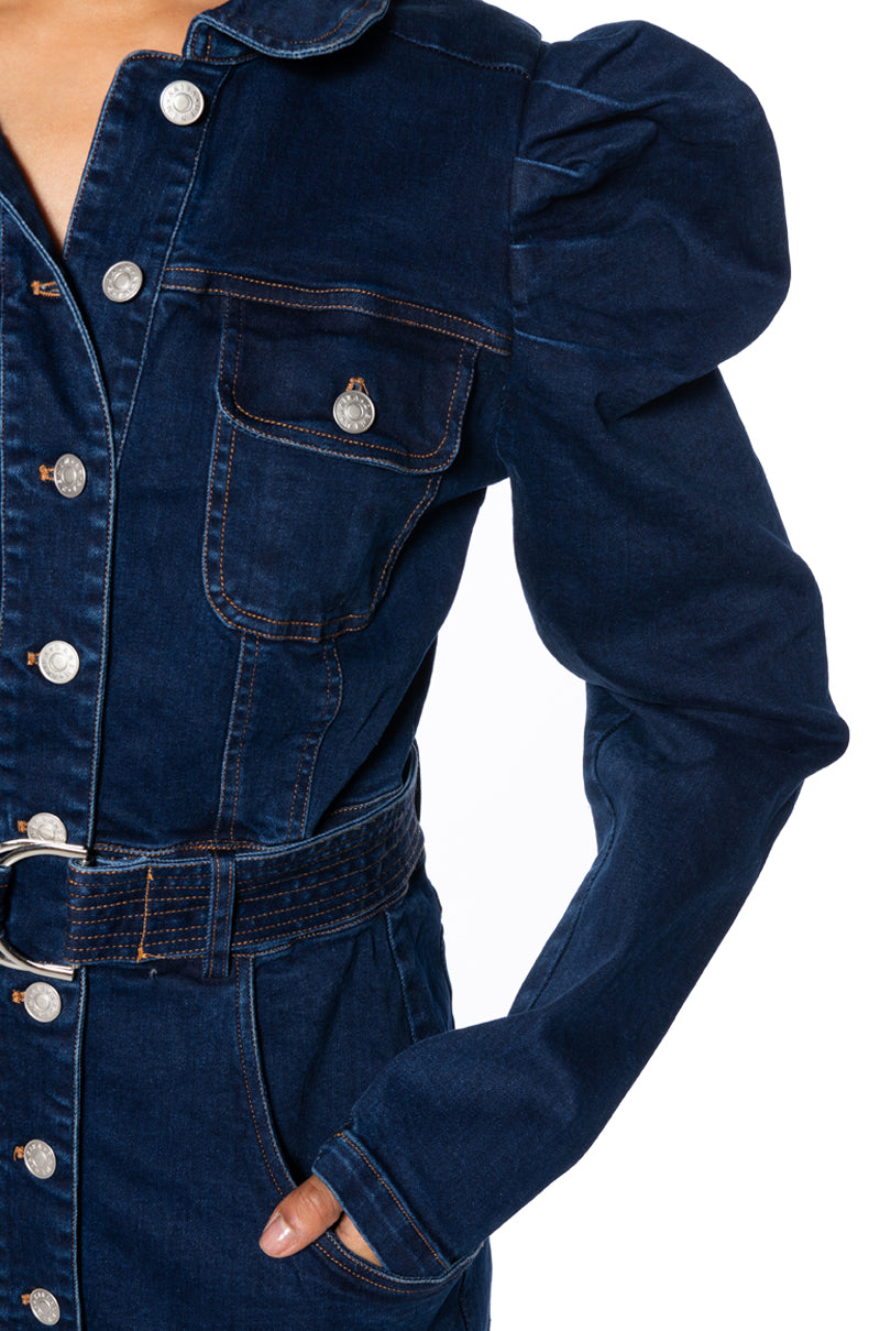 Full View Cinch Me Up Long Sleeve Denim Mini Dress