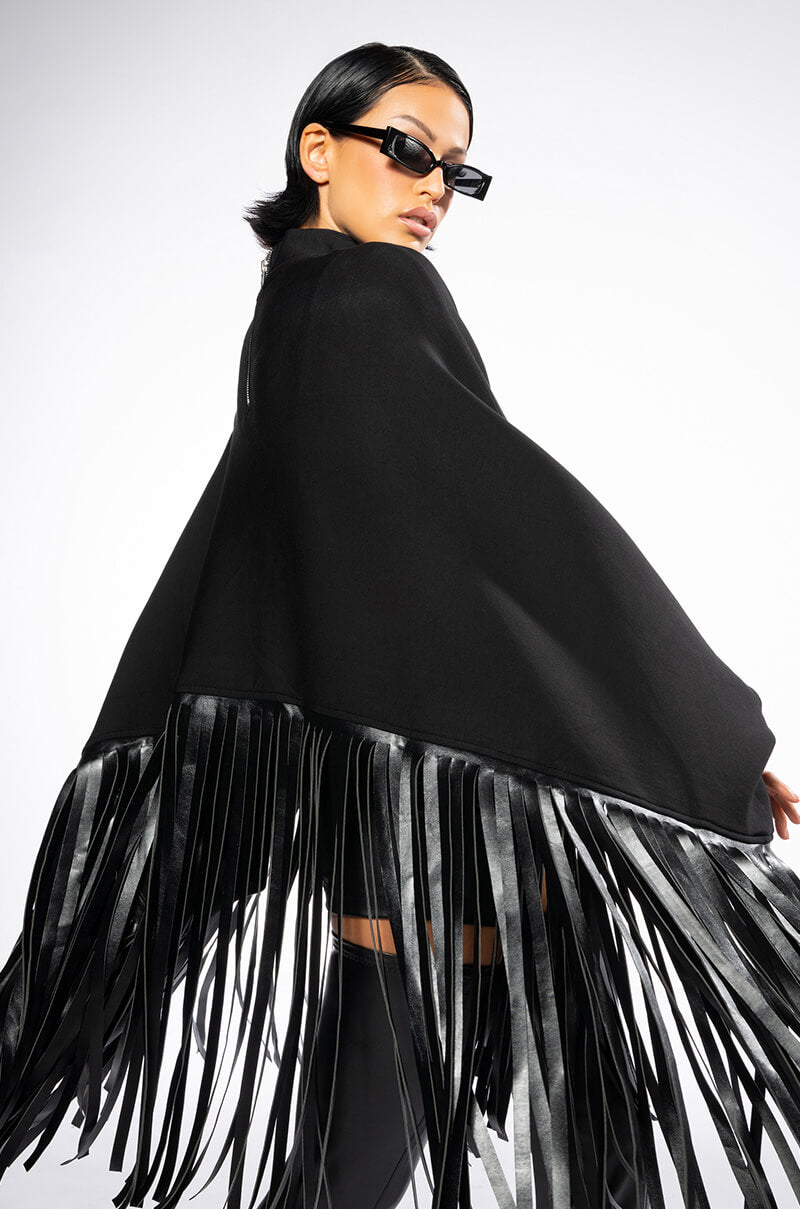 Front View City Girl Faux Leather Fringe Cape Sweatshirt