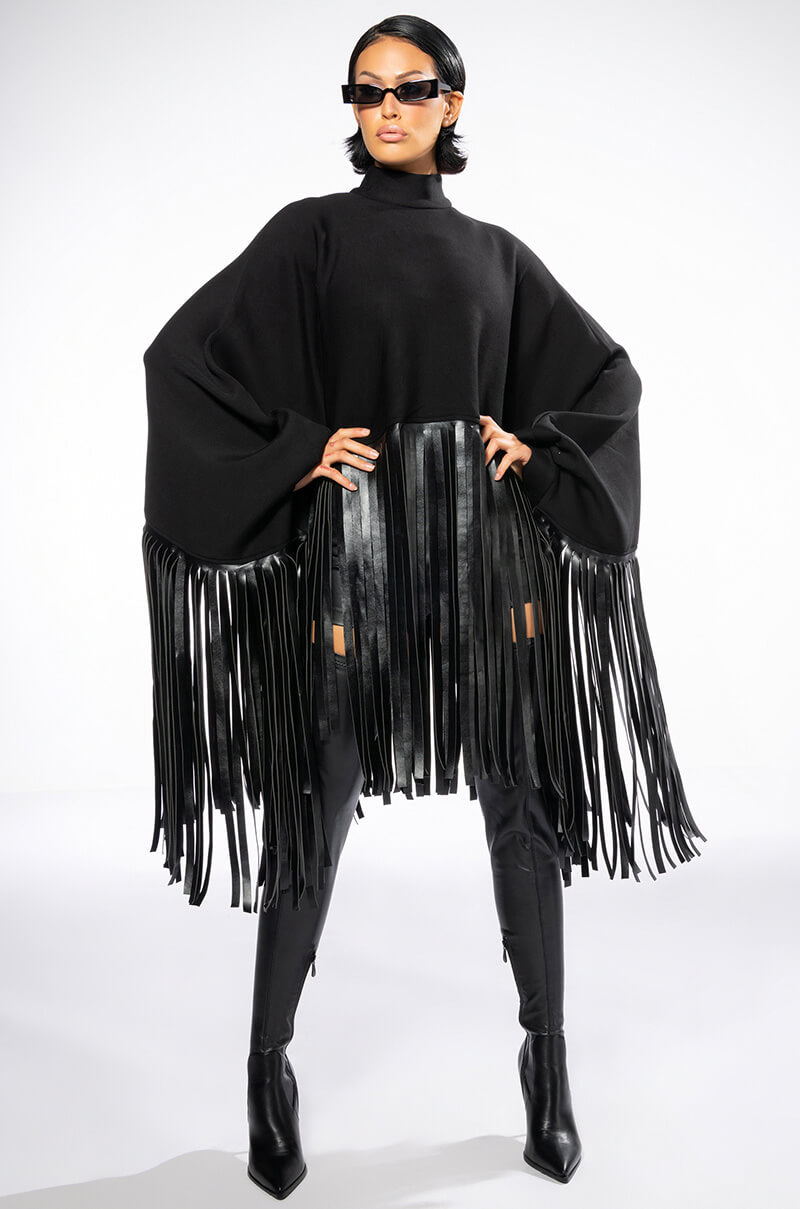 Side View City Girl Faux Leather Fringe Cape Sweatshirt