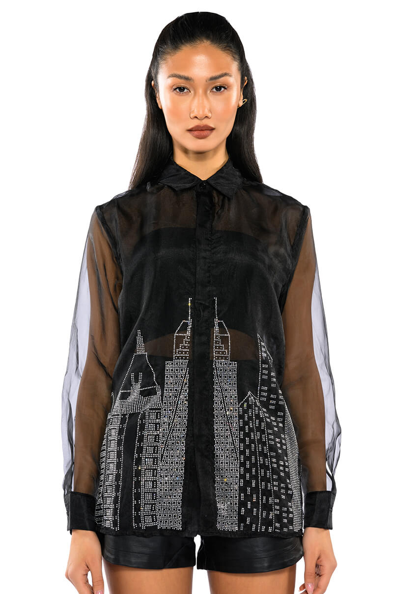 Front View City Lights Long Sleeve Rhinestone Button Down