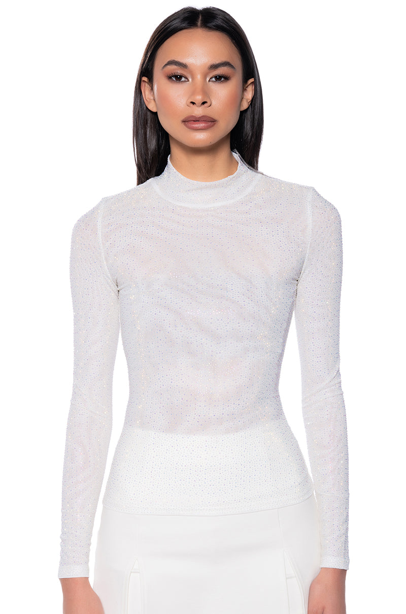 Side View Clarissa Embellished Long Sleeve Mesh Top In White