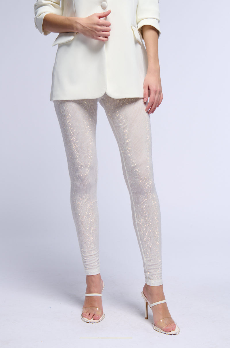 Front View Clarissa Embellished Mesh Leggings In White 0