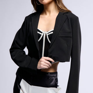 Front View Classic Crop Blazer In Black