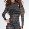 Front View Classy Mock Neck Rhinestone Mesh Dress