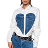 Front View Clear Love Faux Leather Denim Detail Button Down Top