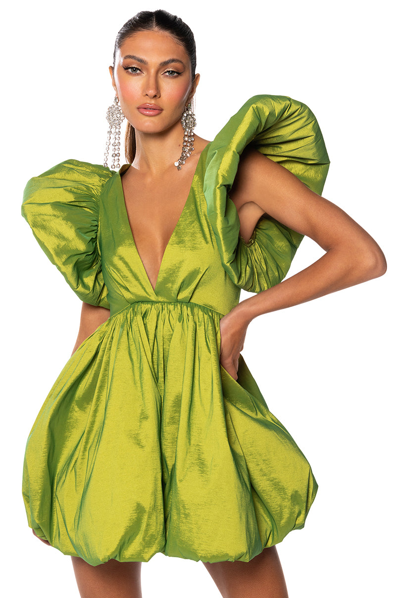 Front View Clementine Butterfly Sleeve Mini Dress In Green