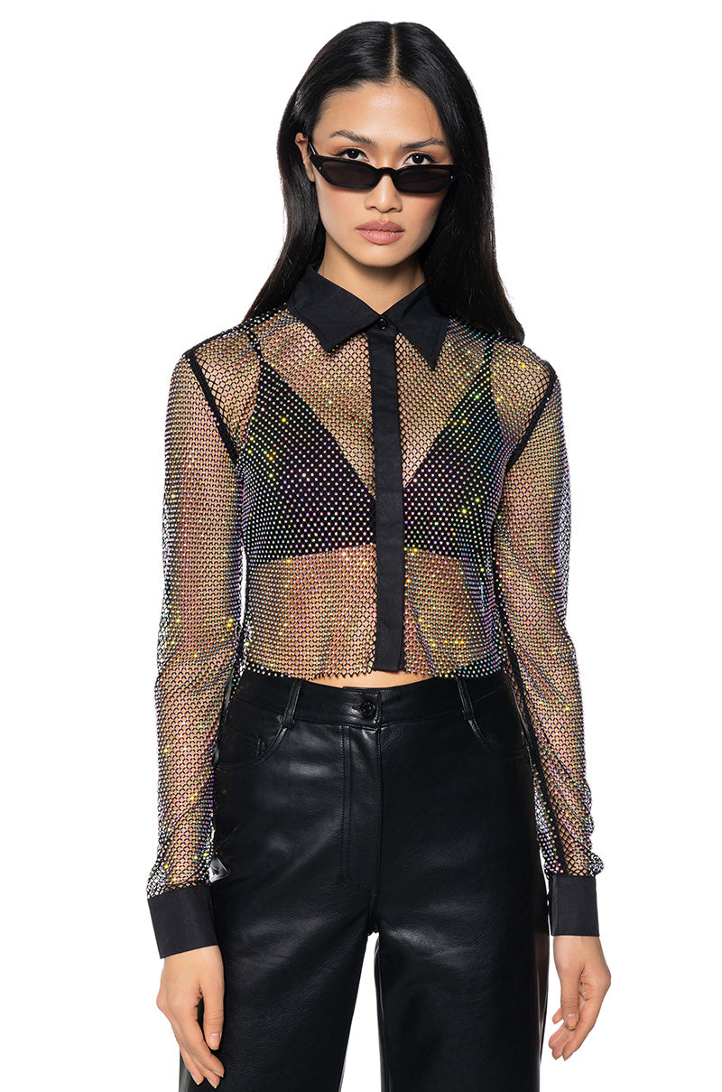 CLUB VIP RHINESTONE MESH BUTTON DOWN SHIRT view 0