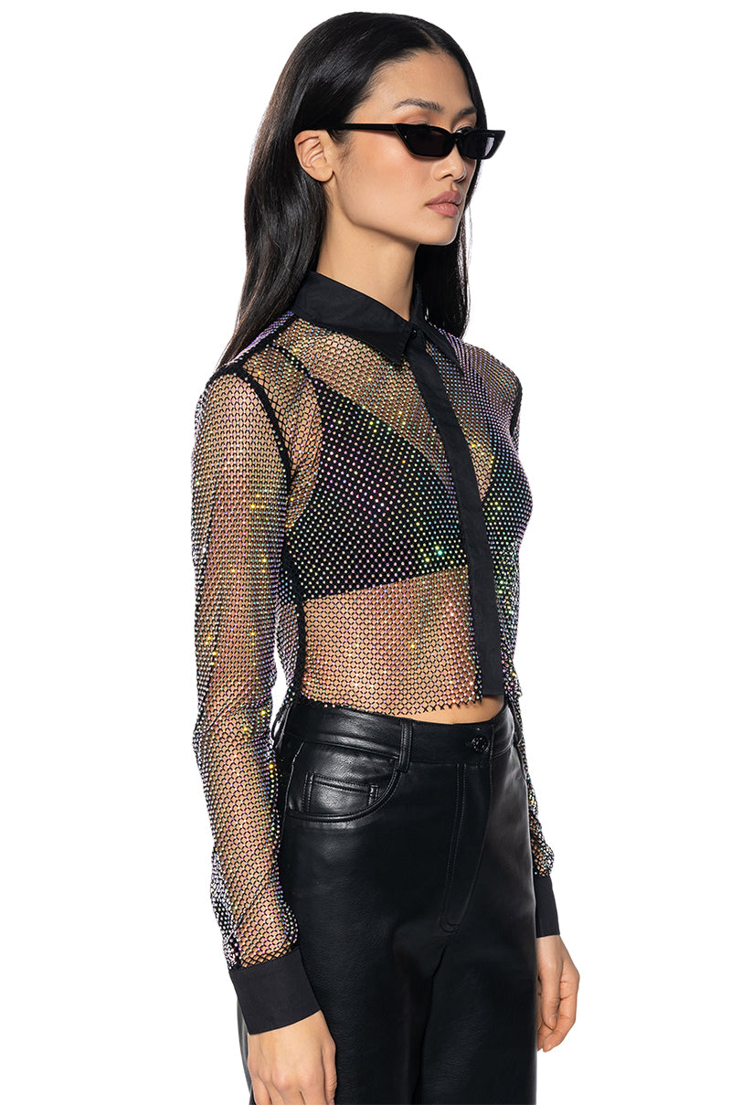 Side View Club Vip Rhinestone Mesh Button Down Shirt