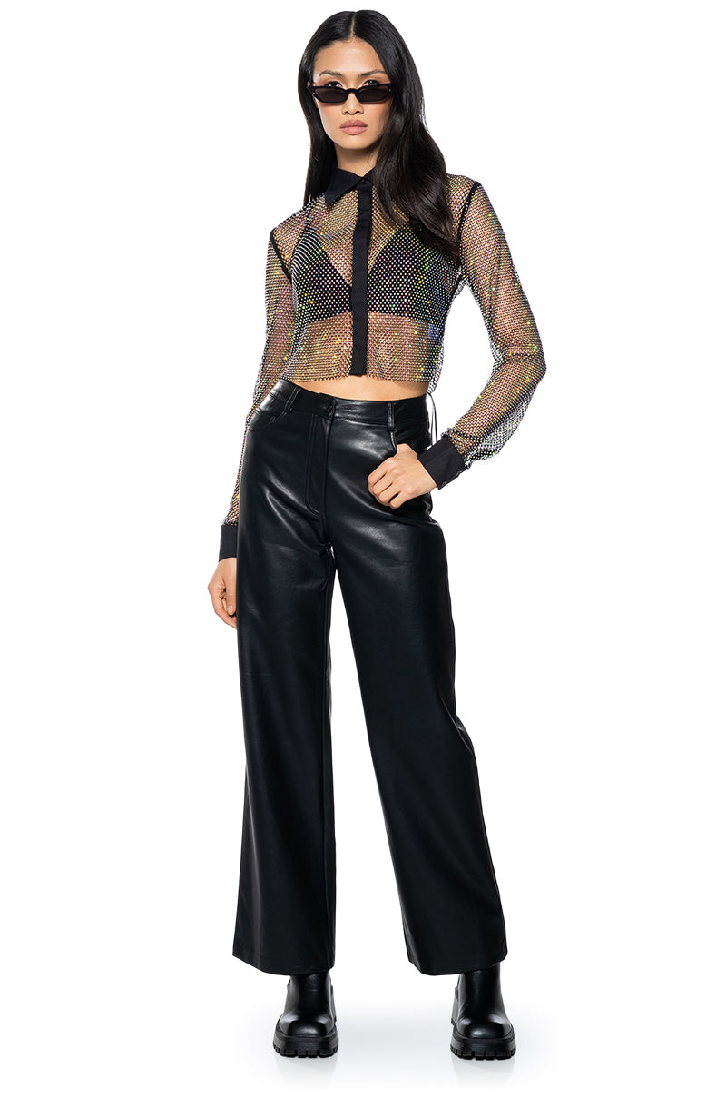 Back View Club Vip Rhinestone Mesh Button Down Shirt