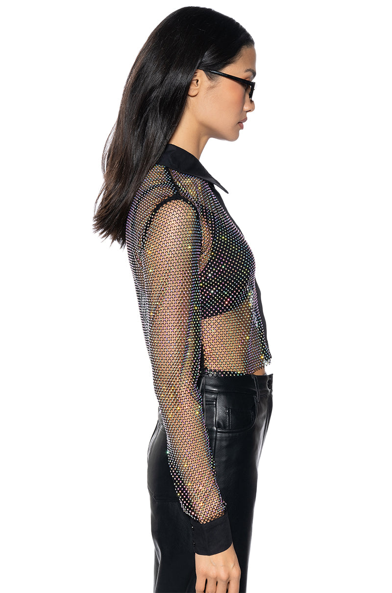 Detail View Club Vip Rhinestone Mesh Button Down Shirt