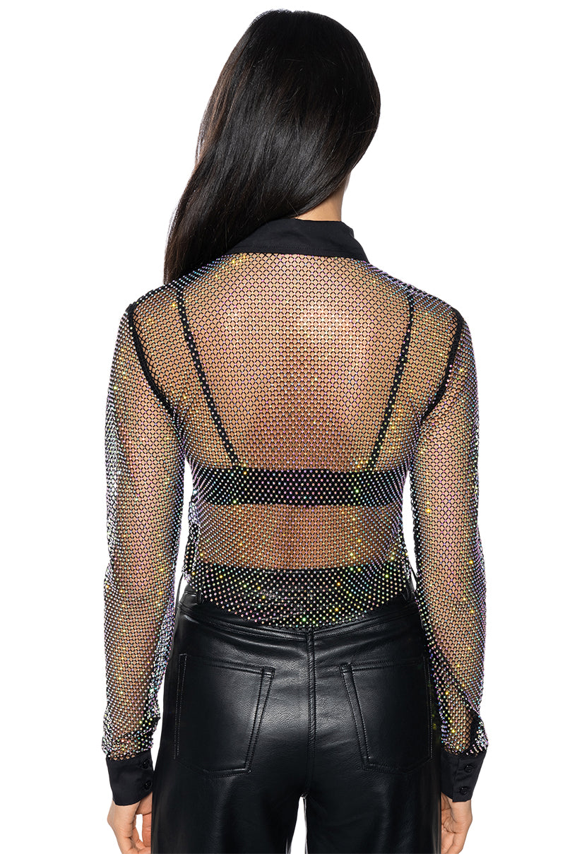 Full View Club Vip Rhinestone Mesh Button Down Shirt