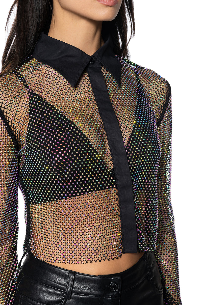 Extra View Club Vip Rhinestone Mesh Button Down Shirt