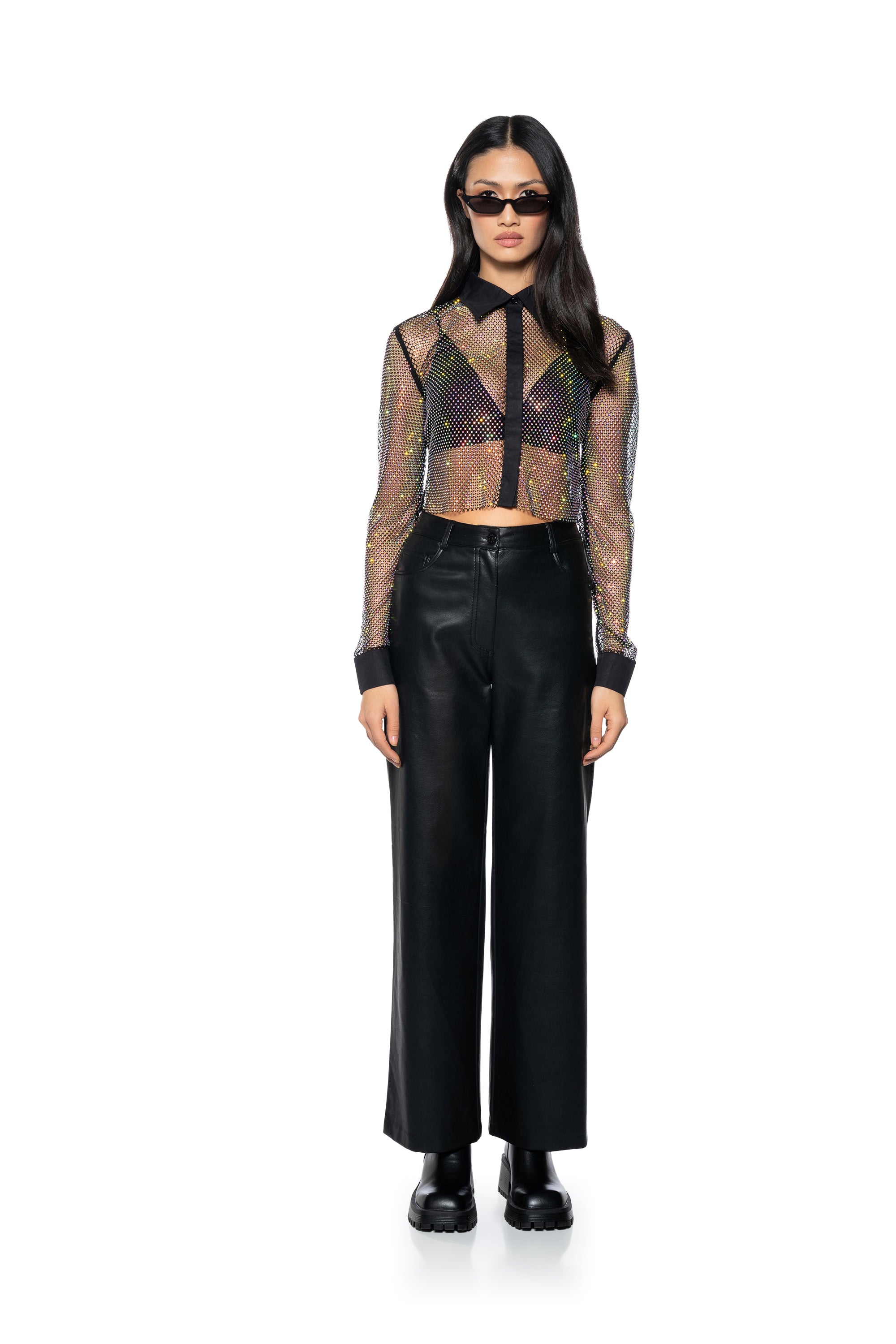 Extra View Club Vip Rhinestone Mesh Button Down Shirt