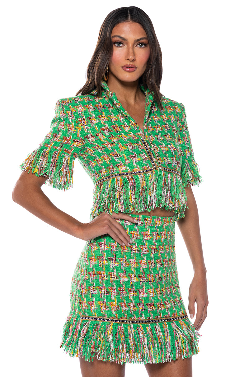 Side View Coco Fringe Tweed Mini Skirt Suit Set