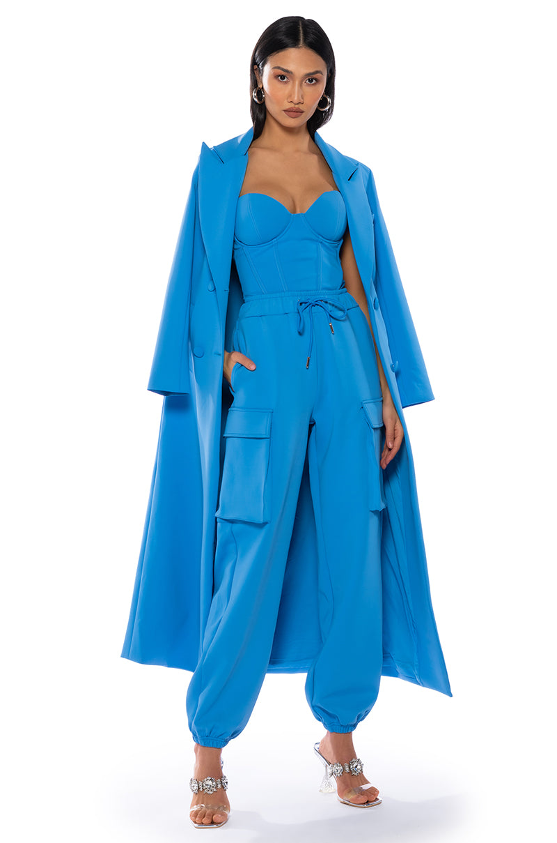 Front View Cocoa Butter Scuba Trench In Blue 1