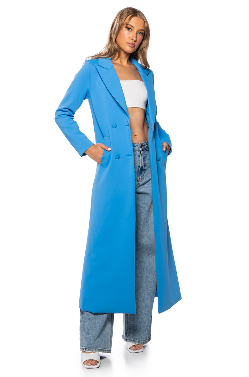 Front View Cocoa Butter Scuba Trench In Blue 0
