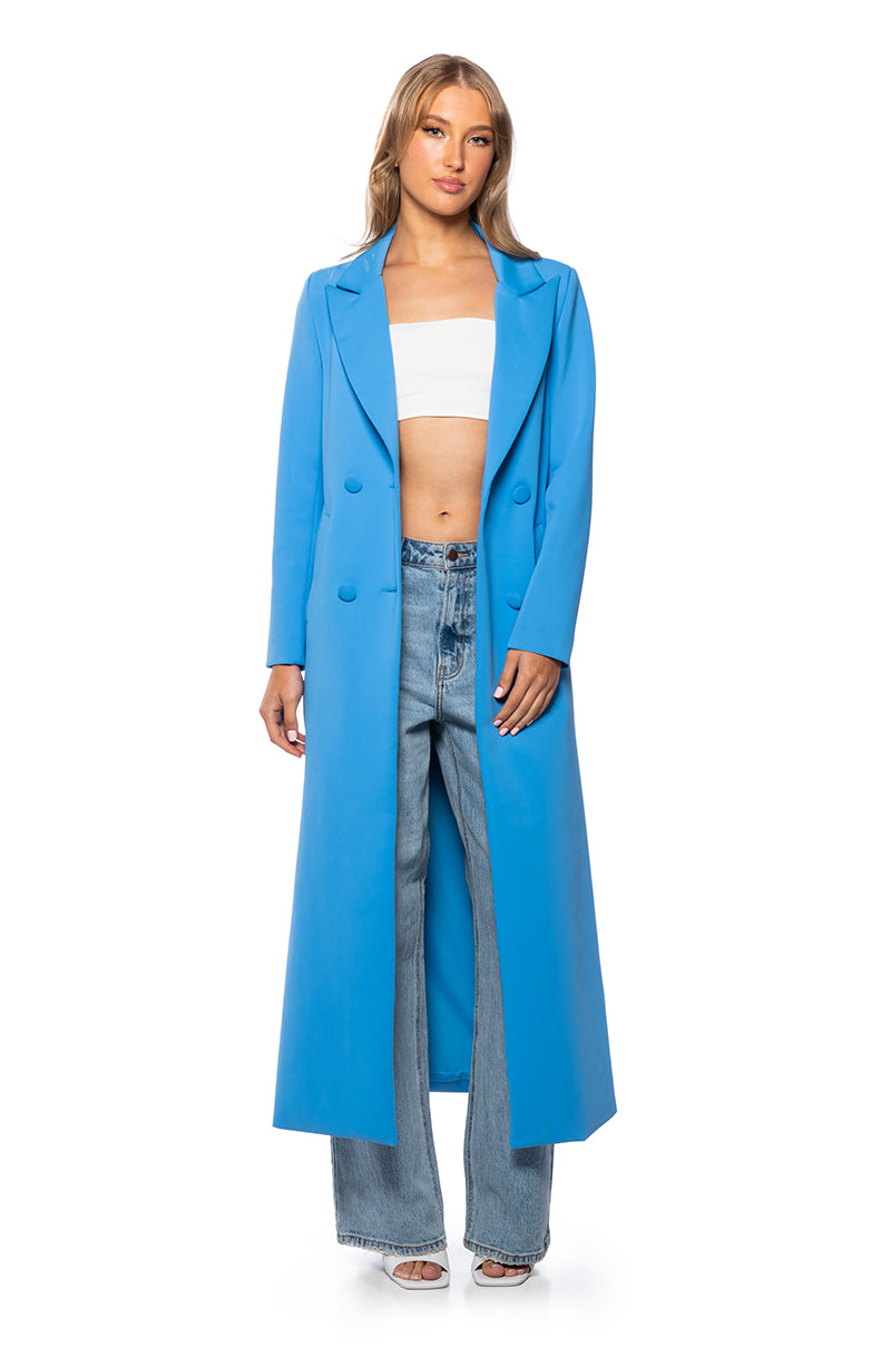 Side View Cocoa Butter Scuba Trench In Blue 2