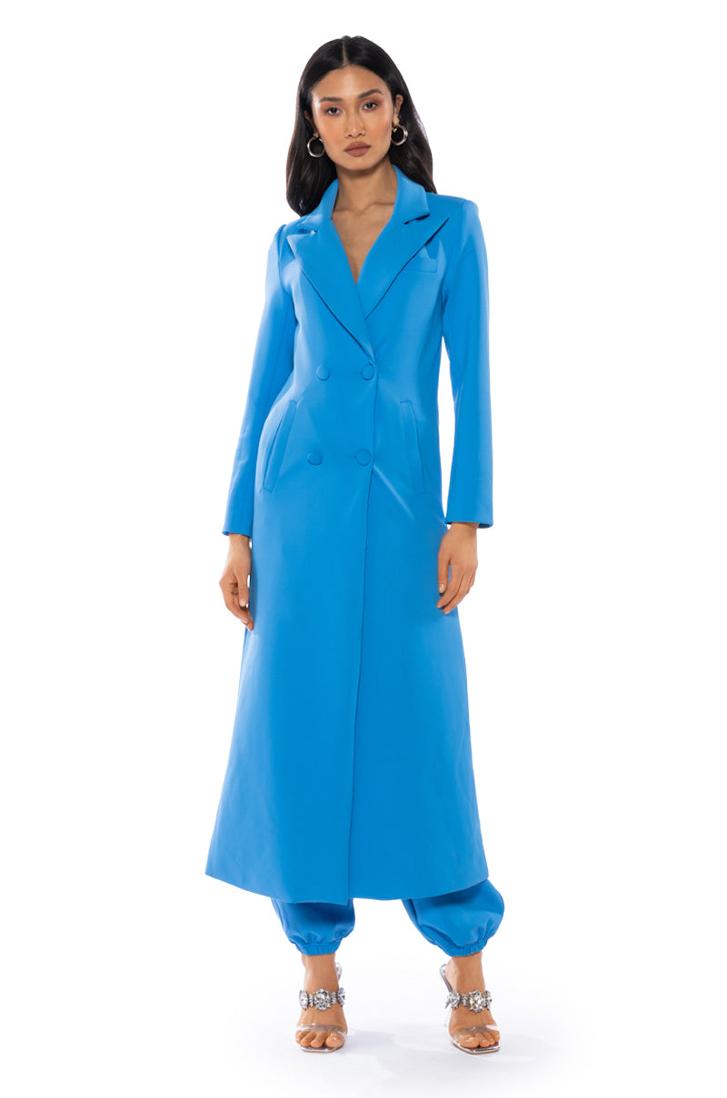Back View Cocoa Butter Scuba Trench In Blue 5