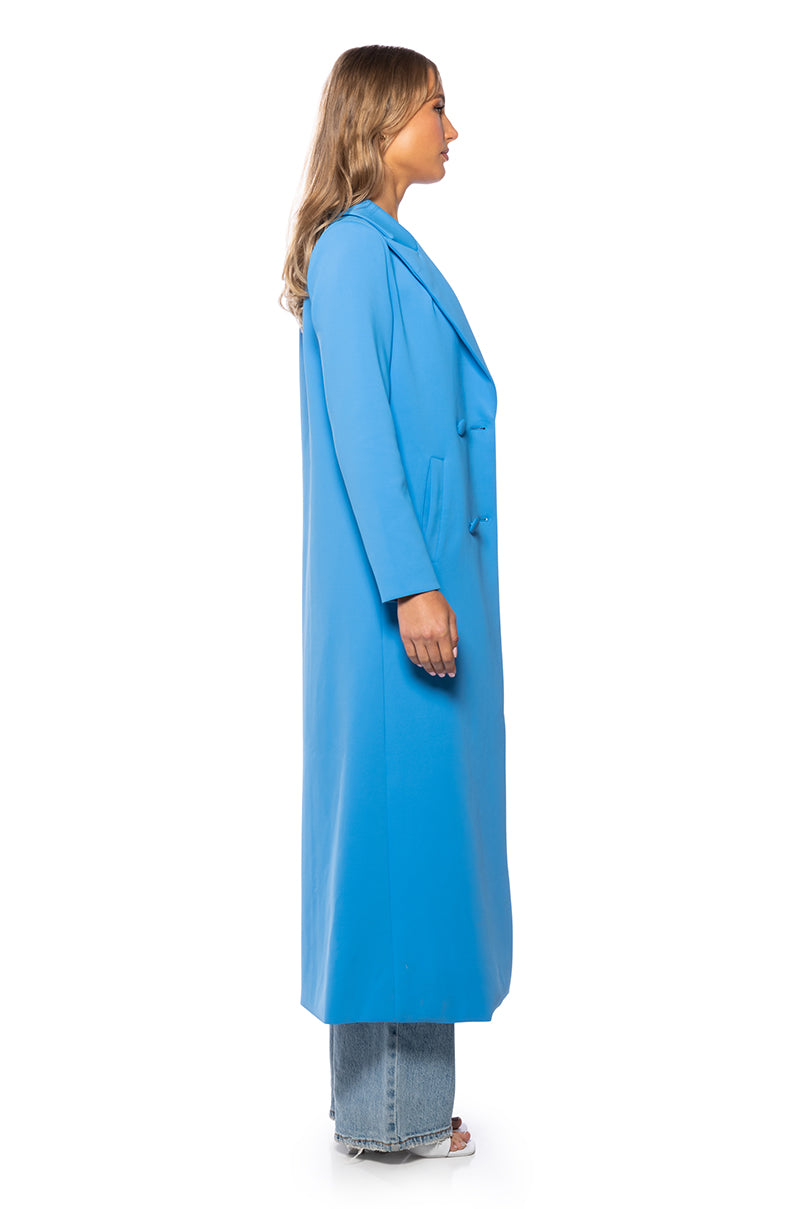 Back View Cocoa Butter Scuba Trench In Blue 4