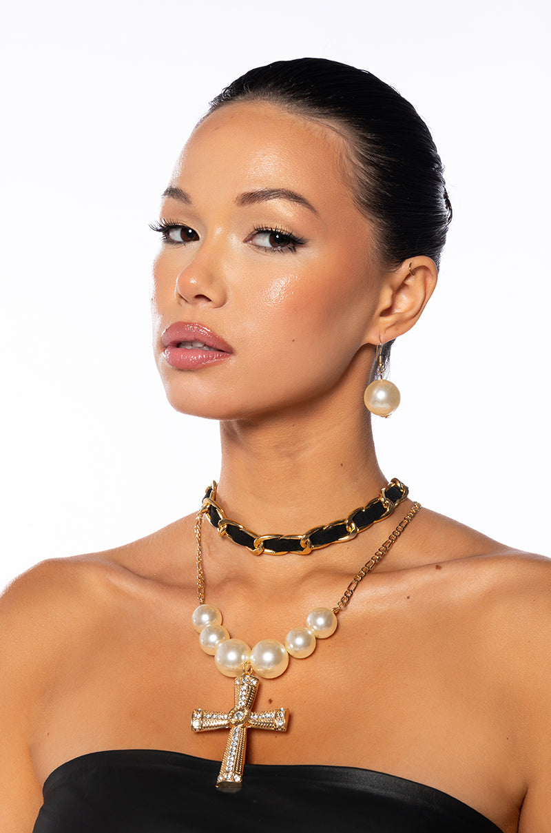 Front View Cocos Pearls Cross Necklace And Earring Set