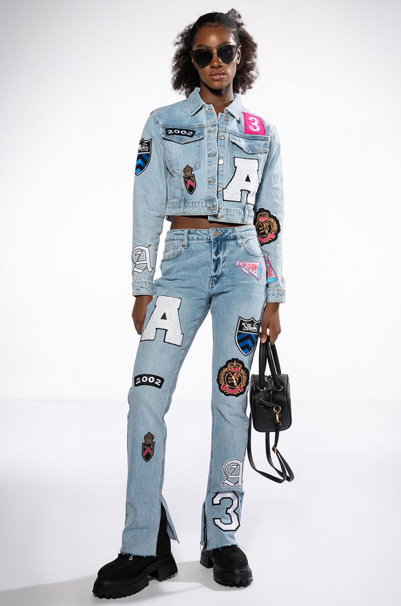 Side View Collegiate Out Of Your League Patched Denim Jacket