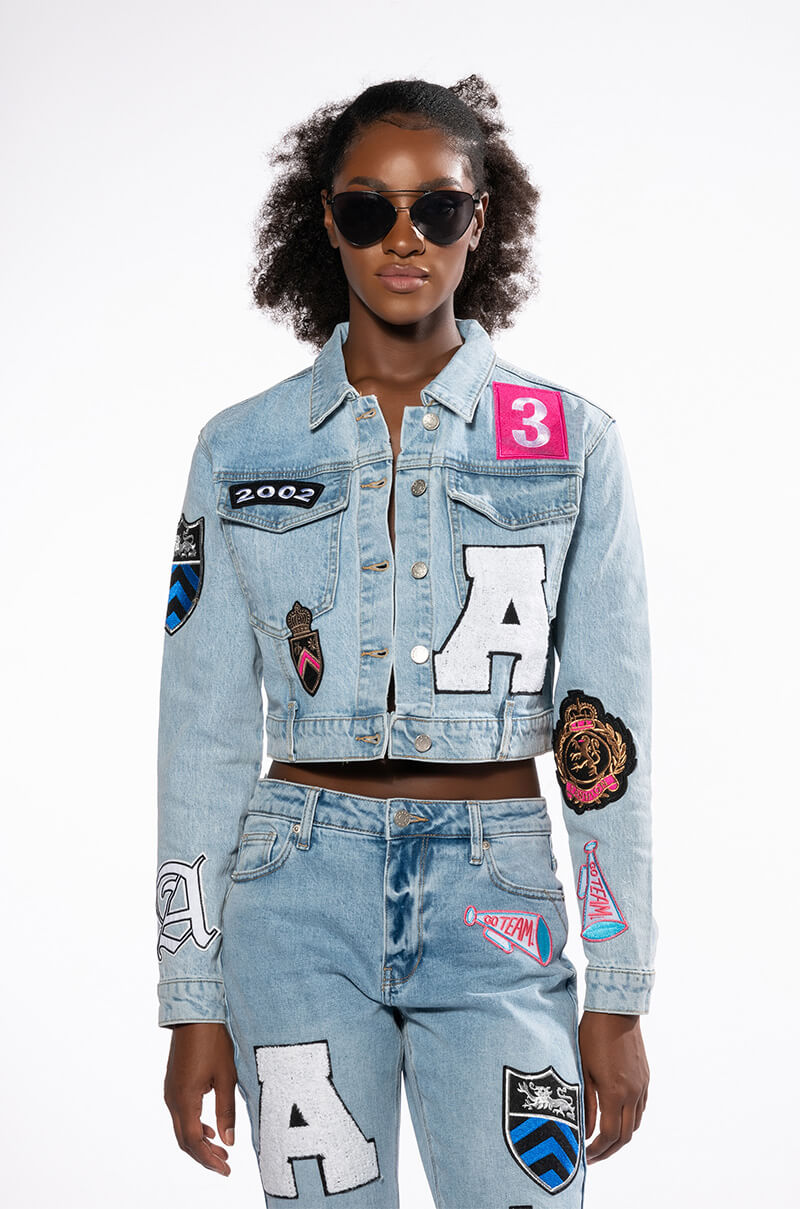 Detail View Collegiate Out Of Your League Patched Denim Jacket