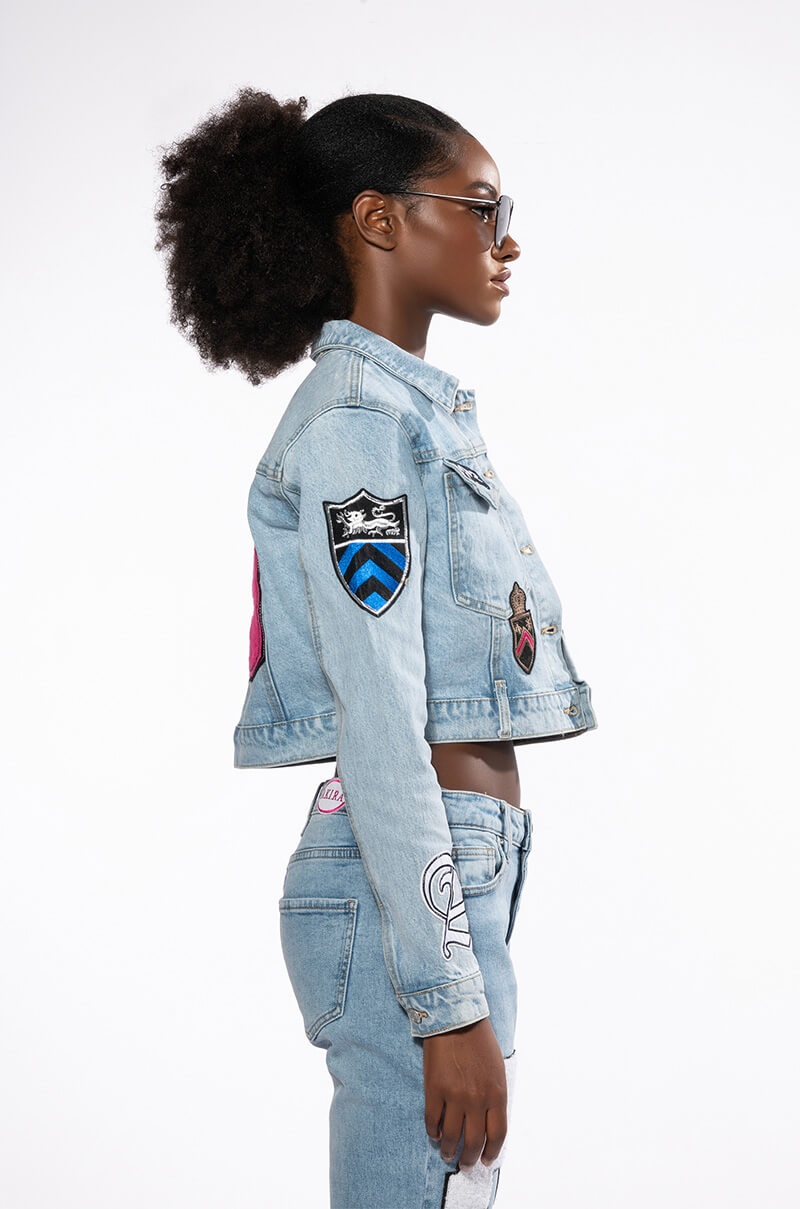 Full View Collegiate Out Of Your League Patched Denim Jacket